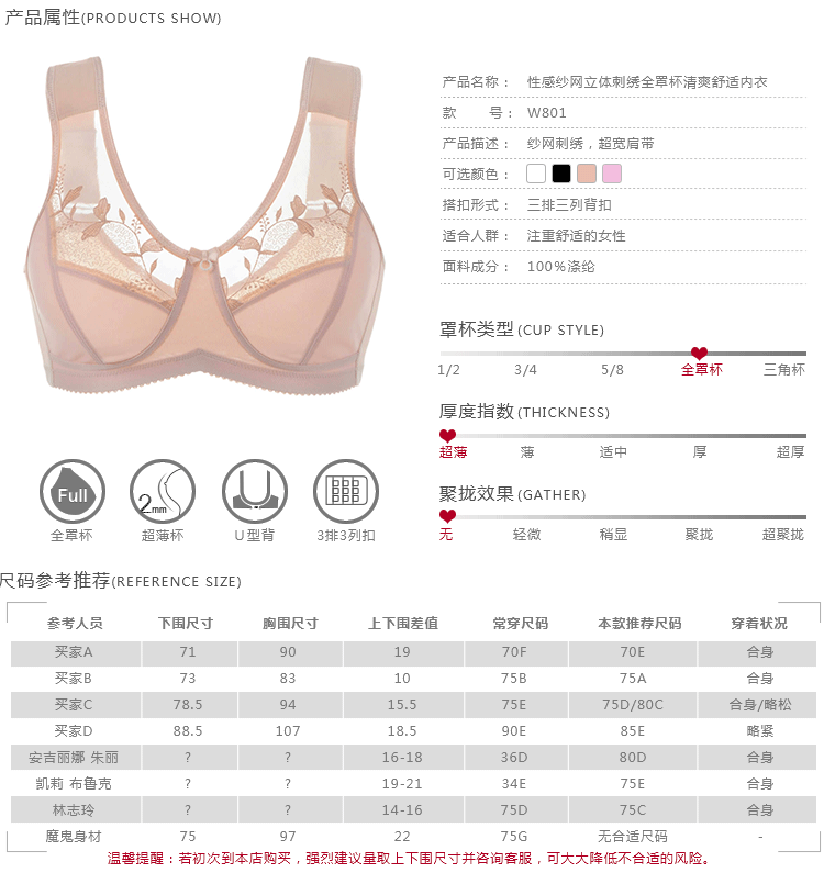 日常内衣咨询客服 大码文胸罩薄款 无钢圈文胸 半透