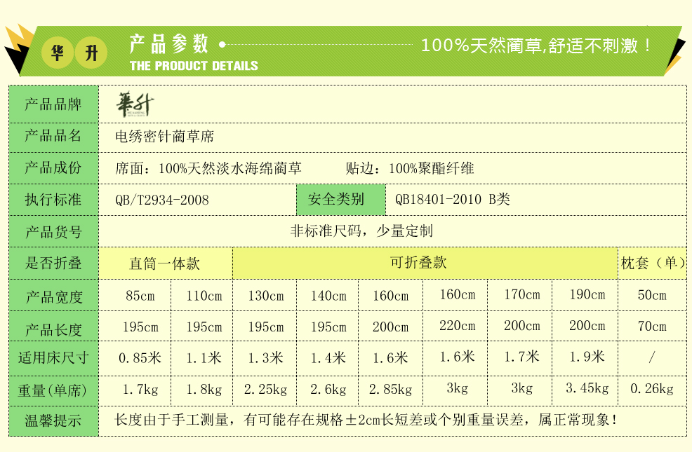 
                                                            华升草席凉席1.1米 1.3米 1.4米 1.6米 1.7米 1.9米床非标准尺码定制现货 一席一枕套 130*195CM                