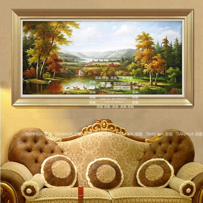 
                                        添画（TIANHUA） 添画 客厅风景山水手绘油画欧式风格沙发顶挂画装饰画 暗金画框 70*140CM                
