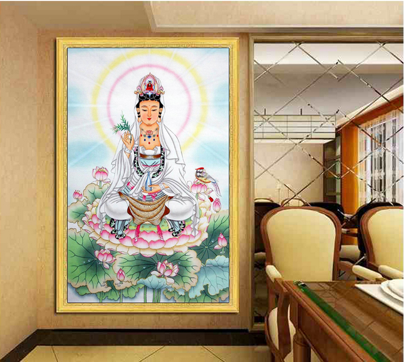 蒙娜丽莎十字绣走廊装饰画坐莲观音现代壁画客厅观世音菩萨法像新观音法像十字绣观音菩萨宗教墙画 大格棉线新观音法像84*12.