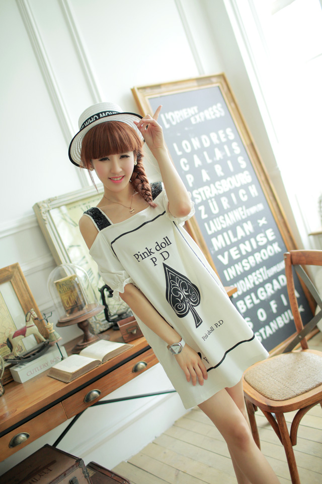 竹香韵雅2015夏新款女装露肩字母休闲短袖宽松小性感吊带连衣裙 白色