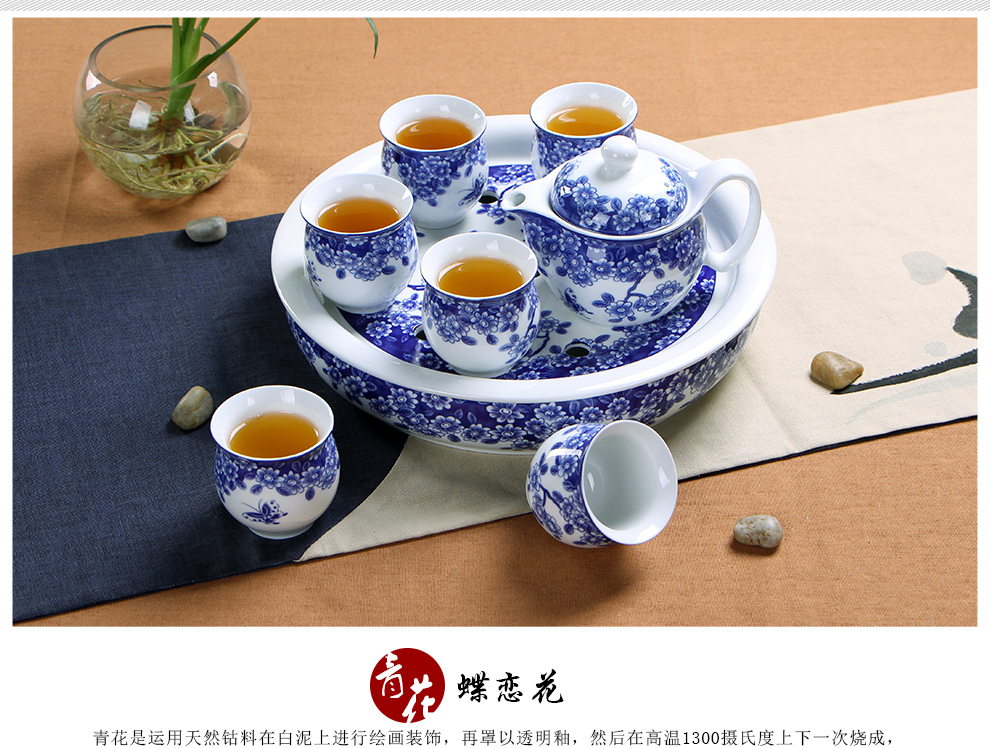 闽毓 茶具套装特价促销 双层陶瓷功夫茶具套装促销带茶盘隔热 水点桃花