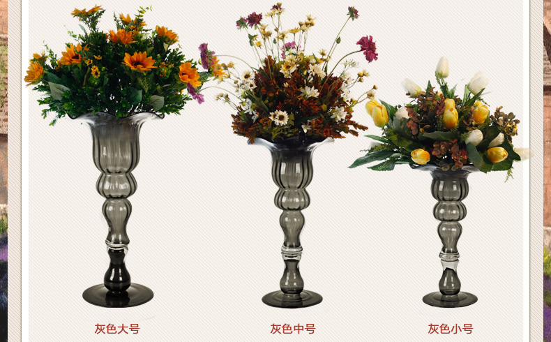 Snnei室内 高脚透明玻璃花瓶 欧式古典 时尚现代摆设 客厅装饰品 灰色中号花瓶 花瓶组合-7天发货