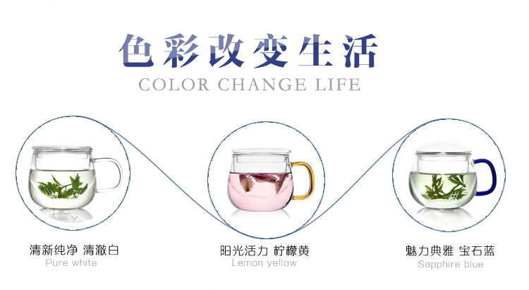 品茶忆友 二代圆趣杯 耐热玻璃杯花茶杯p-03保温办公杯过滤泡茶杯 三件杯玻璃茶杯 平盖黄把圆趣