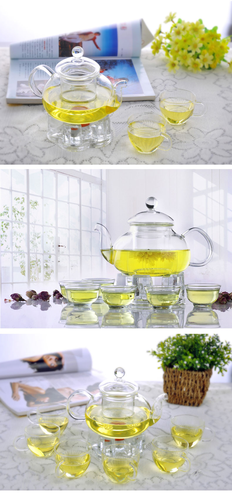 竹栖玻璃茶具套装 过滤透明耐热水果花茶壶套装 花茶杯整套功夫茶具 一壶+水晶底座+6带柄品茗杯