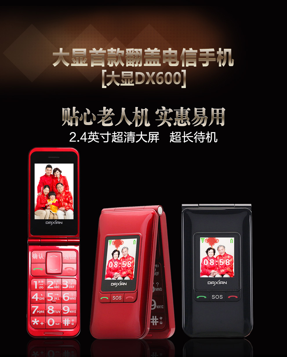 大显（DaXian）DX600 电信2G 翻盖老人手机 黑色