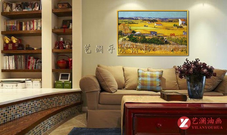 
                                                            艺澜新品世界名家凡高油画作品临摹定制 田园风景梯田丰收景色横幅构图客厅壁挂装饰画 收获景象FG20 纯手绘油画 60*90cm                
