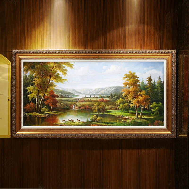
                                        添画（TIANHUA） 添画 客厅风景山水手绘油画欧式风格沙发顶挂画装饰画 暗金画框 70*140CM                