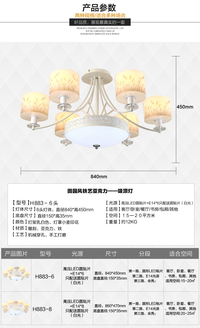 创琪 现代简约客厅吸顶灯餐厅灯卧室灯具书房灯饰田园吊灯 6头 84*45CM配普通E14灯泡