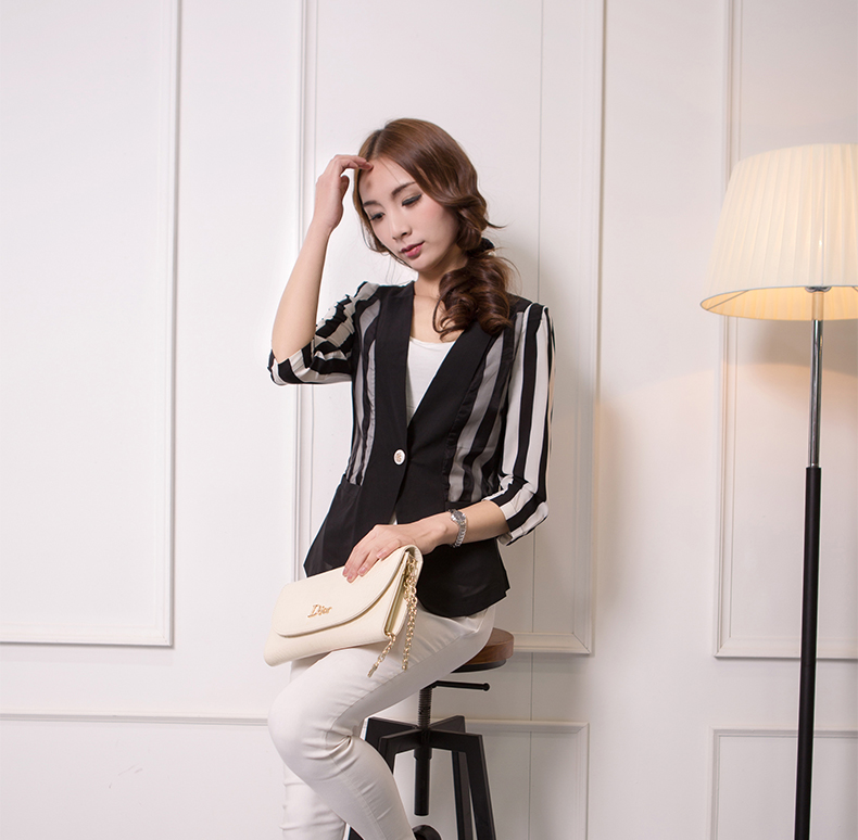 COCOOKIKI2015韩版修身七分袖小西装 女装夏装显瘦条纹雪纺衫CC015 黑色 M