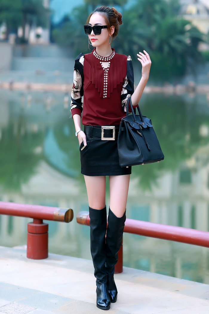 婉洛2015秋季新款女装立体图案修身打底长袖T恤女 GD9567 酒红色 M