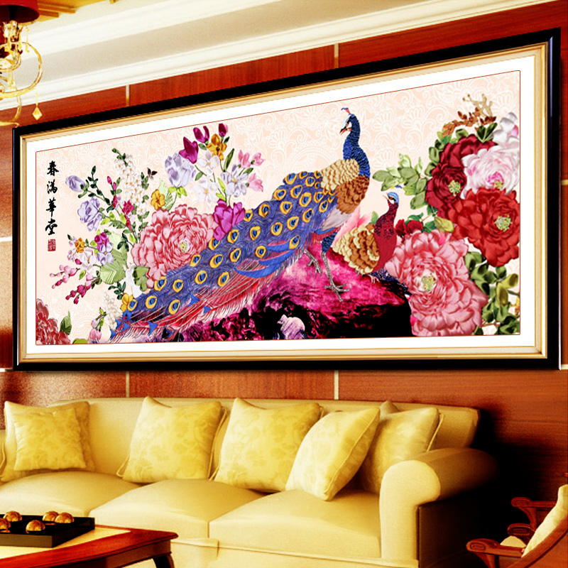 手工绣丝带绣套件 孔雀富贵牡丹图 大幅客厅装饰画 175*75cm 春满华堂 A-5561