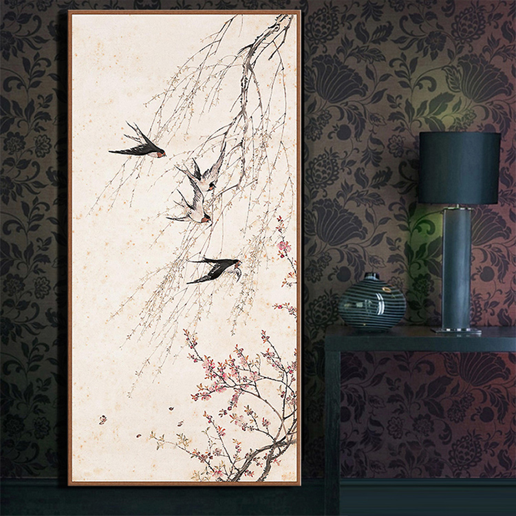
                                                            天顶山 新中式玄关装饰画 竖版走廊壁画风景国画墙画酒店会所燕子风水画挂画 掌柜推荐+品质保证+手工装裱 50*105cm                