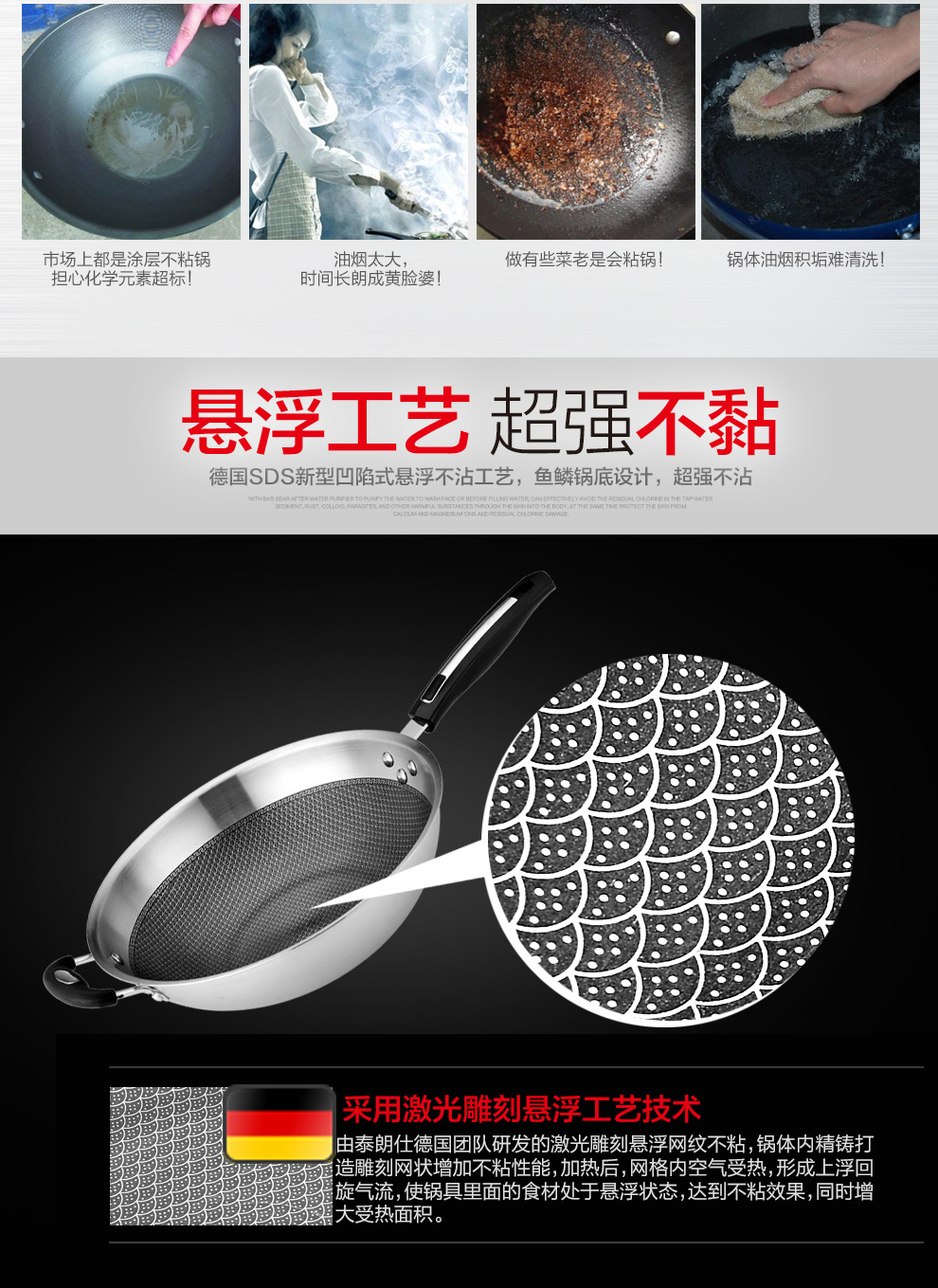 泰朗仕德国不锈钢炒锅无油烟炒菜锅无涂层锅电磁炉通用不粘平底锅 不锈钢本色
