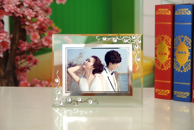 玻璃相框透明摆台 水晶相框7/8/10寸镜框 儿童婚纱照片相架蝶恋花 透明 8寸横竖可摆