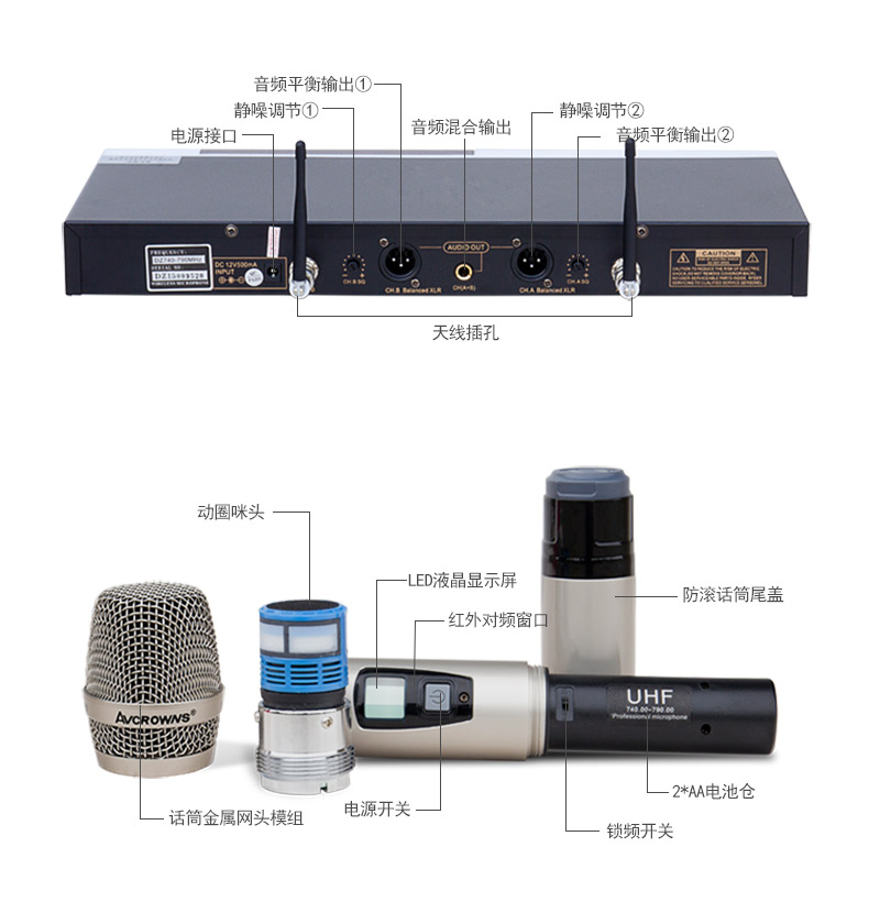 avcrowns hg-990智能感应u段手持无线麦克风家庭ktv无线话筒一拖二防