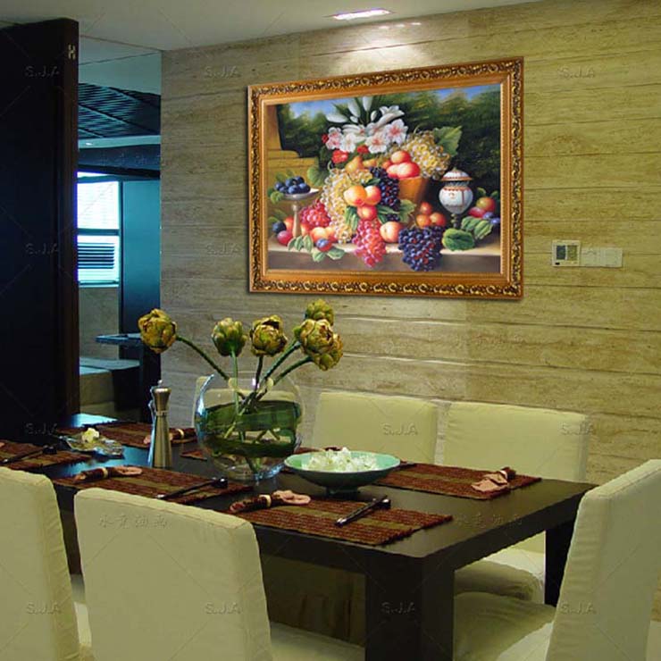 
                                        水竞欧式油画餐厅装饰画饭厅静物水果画古典挂画横幅壁炉壁画 W2古韵金实木画框 100*80                