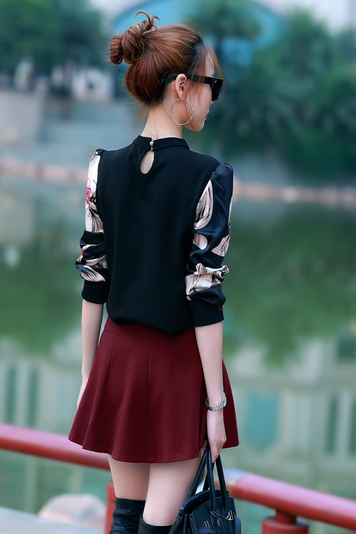 婉洛2015秋季新款女装立体图案修身打底长袖T恤女 GD9567 酒红色 M