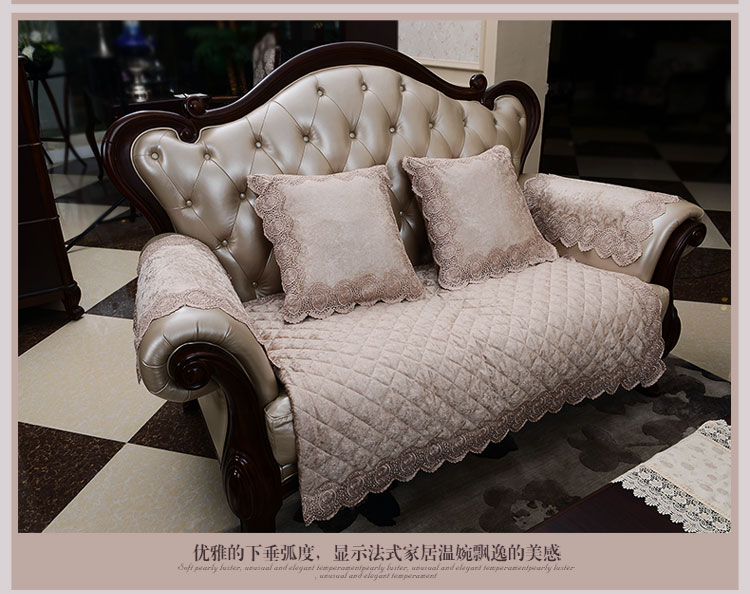
                                        真琴 欧式沙发垫子皮沙发罩套装蕾丝坐垫 丝绒印象 浅咖色 60*60cm扶手巾                