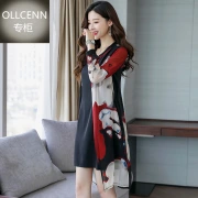 OLLCENN counter quality mulberry silk two-piece mother's dress loose printed slimming silk dress women's mid-length 2019 spring and summer new date red 4XL