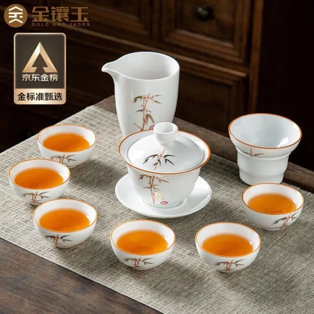 Gold inlaid jade tea set cover bowl tea cup white porcelain tea set household simple set festival cover bowl set Gold inlaid jade tea set cover bowl tea cup white porcelain tea set household simple set festival cover bowl set