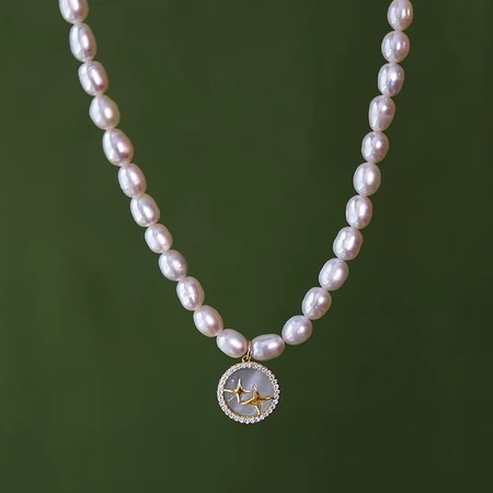 Edel baroque freshwater pearl necklace female opal star pendant design French elegant high-end temperament necklace birthday gift for wife and girlfriend A3Y305 twin star pearl necklace Edel baroque freshwater pearl necklace female opal star pendant design French elegant high-end temperament necklace birthday gift for wife and girlfriend A3Y305 twin star pearl necklace