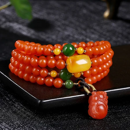 Au Caini South Red Bracelet Baoshan Agate Pixiu 108 Round Beads with Amber Beeswax Bucket Beads Multi-circle Bracelet for Men and Women Au Caini South Red Bracelet Baoshan Agate Pixiu 108 Round Beads with Amber Beeswax Bucket Beads Multi-circle Bracelet for Men and Women