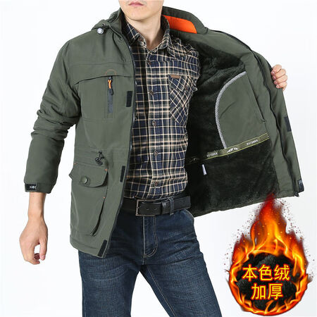 Hengyuanxiang factory thin jacket loose jacket tooling mid-length outdoor windbreaker large size men's business casual jacket jacket army green plus velvet 086 plus velvet 5XL about 195-210 catties Hengyuanxiang factory thin jacket loose jacket tooling mid-length outdoor windbreaker large size men's business casual jacket jacket army green plus velvet 086 plus velvet 5XL about 195-210 catties