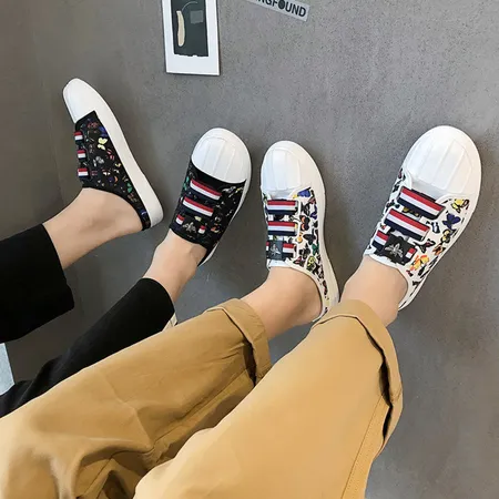 Flat shoes without laces men's summer canvas shoes semi-slippers men's Korean style trendy slip-on slip-on shoes new breathable heelless Baotou men's shoes CL062 white 39 Flat shoes without laces men's summer canvas shoes semi-slippers men's Korean style trendy slip-on slip-on shoes new breathable heelless Baotou men's shoes CL062 white 39