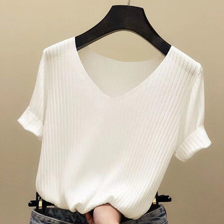 Pincai ice silk 2021 spring and summer new sweater women's Korean version of the self-cultivation base solid color V-neck short-sleeved T-shirt women's top trendy white large size recommendation 135-160 kg Pincai ice silk 2021 spring and summer new sweater women's Korean version of the self-cultivation base solid color V-neck short-sleeved T-shirt women's top trendy white large size recommendation 135-160 kg