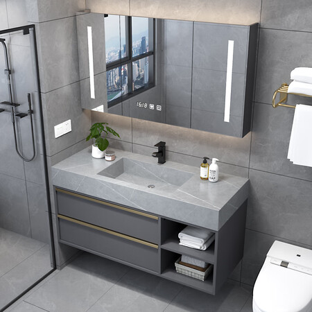 Yanfeng light luxury bathroom cabinet mirror cabinet combination simple modern rock board integrated wash basin bathroom vanity bathroom cabinet set 1.0m rock board ceramic basin + smart square mirror + installation Yanfeng light luxury bathroom cabinet mirror cabinet combination simple modern rock board integrated wash basin bathroom vanity bathroom cabinet set 1.0m rock board ceramic basin + smart square mirror + installation
