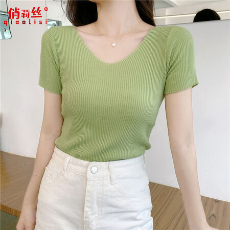 Pincai ice silk 2021 spring and summer new sweater women's Korean version of the self-cultivation base solid color V-neck short-sleeved T-shirt women's top trendy white large size recommendation 135-160 kg Pincai ice silk 2021 spring and summer new sweater women's Korean version of the self-cultivation base solid color V-neck short-sleeved T-shirt women's top trendy white large size recommendation 135-160 kg