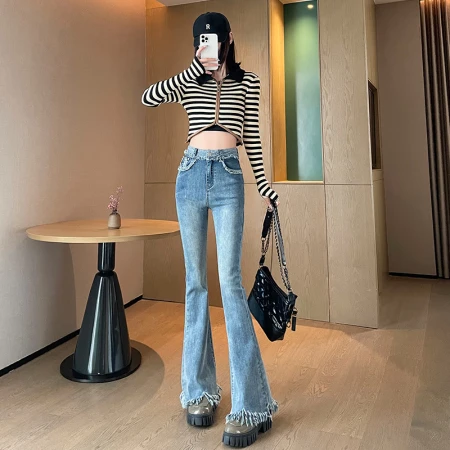 Pincai American-style raw-edged micro-flared jeans women's elastic fashion retro loose horseshoe mopping pants P12KN1078 Pincai American-style raw-edged micro-flared jeans women's elastic fashion retro loose horseshoe mopping pants P12KN1078