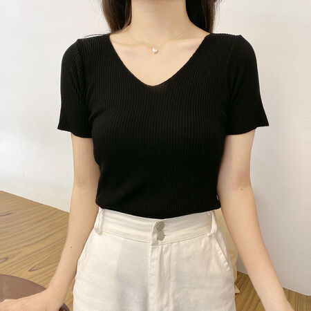 Pincai ice silk 2021 spring and summer new sweater women's Korean version of the self-cultivation base solid color V-neck short-sleeved T-shirt women's top trendy white large size recommendation 135-160 kg Pincai ice silk 2021 spring and summer new sweater women's Korean version of the self-cultivation base solid color V-neck short-sleeved T-shirt women's top trendy white large size recommendation 135-160 kg