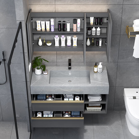 Yanfeng light luxury bathroom cabinet mirror cabinet combination simple modern rock board integrated wash basin bathroom vanity bathroom cabinet set 1.0m rock board ceramic basin + smart square mirror + installation Yanfeng light luxury bathroom cabinet mirror cabinet combination simple modern rock board integrated wash basin bathroom vanity bathroom cabinet set 1.0m rock board ceramic basin + smart square mirror + installation