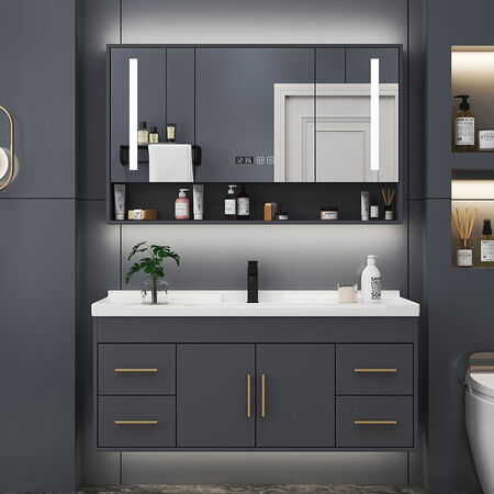 Yanfeng modern light luxury smart mirror ceramic integrated basin cabinet bathroom cabinet combination bathroom hotel wind vanity sink small apartment washbasin cabinet iron gray 0.8m ceramic basin + ordinary mirror cabinet with installation Yanfeng modern light luxury smart mirror ceramic integrated basin cabinet bathroom cabinet combination bathroom hotel wind vanity sink small apartment washbasin cabinet iron gray 0.8m ceramic basin + ordinary mirror cabinet with installation