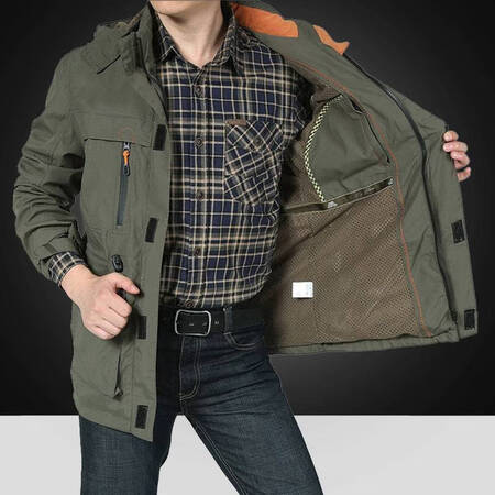 Hengyuanxiang factory thin jacket loose jacket tooling mid-length outdoor windbreaker large size men's business casual jacket jacket army green plus velvet 086 plus velvet 5XL about 195-210 catties Hengyuanxiang factory thin jacket loose jacket tooling mid-length outdoor windbreaker large size men's business casual jacket jacket army green plus velvet 086 plus velvet 5XL about 195-210 catties