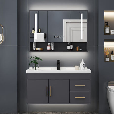 Yanfeng modern light luxury smart mirror ceramic integrated basin cabinet bathroom cabinet combination bathroom hotel wind vanity sink small apartment washbasin cabinet iron gray 0.8m ceramic basin + ordinary mirror cabinet with installation Yanfeng modern light luxury smart mirror ceramic integrated basin cabinet bathroom cabinet combination bathroom hotel wind vanity sink small apartment washbasin cabinet iron gray 0.8m ceramic basin + ordinary mirror cabinet with installation