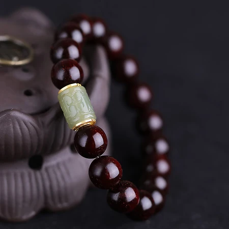 Yanyun jewelry multi-venus leaflet red sandalwood bracelet Hetian jade silver inlaid back pattern beads Buddha beads rosary wood bracelet handle piece men's and women's bracelet 10mm Yanyun jewelry multi-venus leaflet red sandalwood bracelet Hetian jade silver inlaid back pattern beads Buddha beads rosary wood bracelet handle piece men's and women's bracelet 10mm