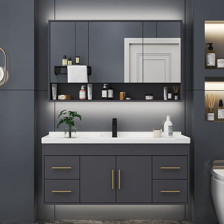 Yanfeng modern light luxury smart mirror ceramic integrated basin cabinet bathroom cabinet combination bathroom hotel wind vanity sink small apartment washbasin cabinet iron gray 0.8m ceramic basin + ordinary mirror cabinet with installation Yanfeng modern light luxury smart mirror ceramic integrated basin cabinet bathroom cabinet combination bathroom hotel wind vanity sink small apartment washbasin cabinet iron gray 0.8m ceramic basin + ordinary mirror cabinet with installation