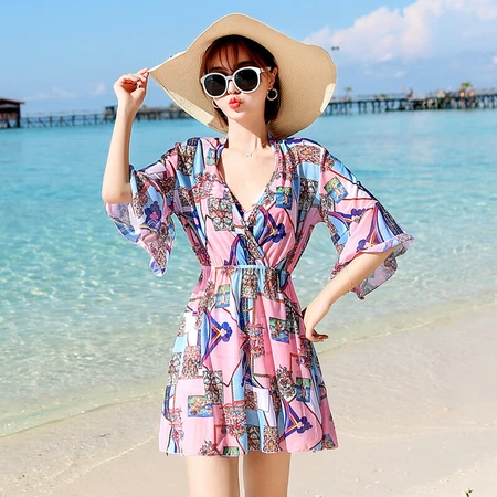 Yifu women's three-piece bikini swimsuit Korean hot spring split flat angle conservative belly cover sexy thin swimwear pink M Yifu women's three-piece bikini swimsuit Korean hot spring split flat angle conservative belly cover sexy thin swimwear pink M