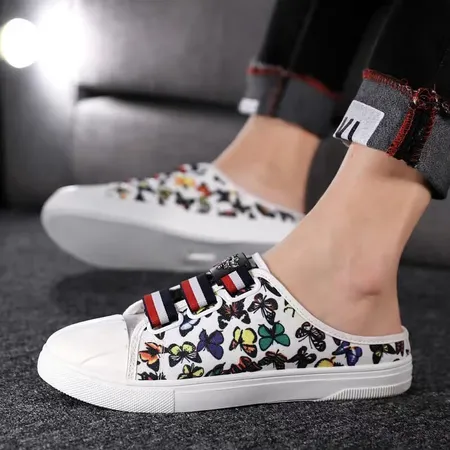 Flat shoes without laces men's summer canvas shoes semi-slippers men's Korean style trendy slip-on slip-on shoes new breathable heelless Baotou men's shoes CL062 white 39 Flat shoes without laces men's summer canvas shoes semi-slippers men's Korean style trendy slip-on slip-on shoes new breathable heelless Baotou men's shoes CL062 white 39
