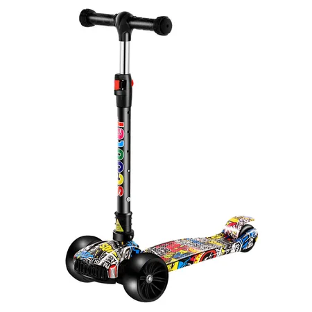 Scooter 2-6-12 years old folding music flashing three-wheeled yo-yo car for men and women beginners sliding scooter double-layer pedal matte black + upgraded off-road wheels + music lights Scooter 2-6-12 years old folding music flashing three-wheeled yo-yo car for men and women beginners sliding scooter double-layer pedal matte black + upgraded off-road wheels + music lights