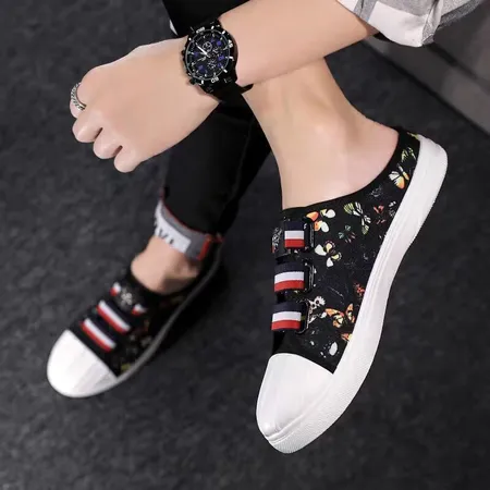 Flat shoes without laces men's summer canvas shoes semi-slippers men's Korean style trendy slip-on slip-on shoes new breathable heelless Baotou men's shoes CL062 white 39 Flat shoes without laces men's summer canvas shoes semi-slippers men's Korean style trendy slip-on slip-on shoes new breathable heelless Baotou men's shoes CL062 white 39