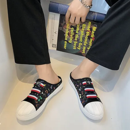 Flat shoes without laces men's summer canvas shoes semi-slippers men's Korean style trendy slip-on slip-on shoes new breathable heelless Baotou men's shoes CL062 white 39 Flat shoes without laces men's summer canvas shoes semi-slippers men's Korean style trendy slip-on slip-on shoes new breathable heelless Baotou men's shoes CL062 white 39