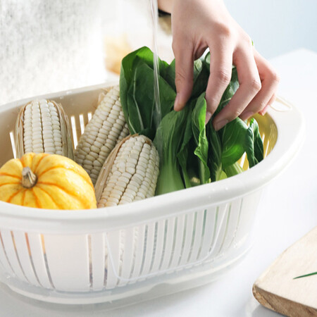 Full-time net red double-layer drain basket wash basket plastic fruit plate fruit and vegetable drain Panjin basil drain tableware storage rack basket with cover storage basket apricot Full-time net red double-layer drain basket wash basket plastic fruit plate fruit and vegetable drain Panjin basil drain tableware storage rack basket with cover storage basket apricot
