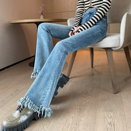 Pincai American-style raw-edged micro-flared jeans women's elastic fashion retro loose horseshoe mopping pants P12KN1078 Pincai American-style raw-edged micro-flared jeans women's elastic fashion retro loose horseshoe mopping pants P12KN1078