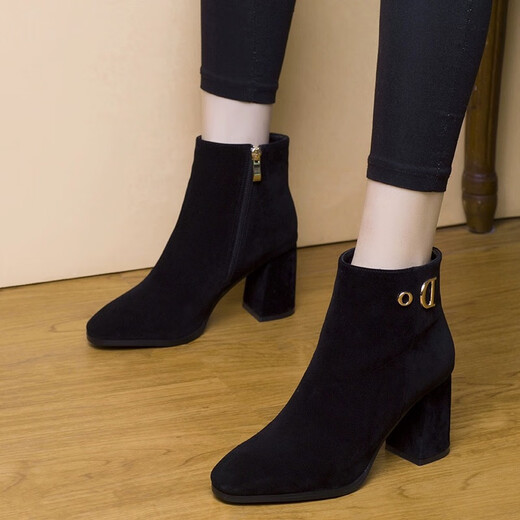 Bejirog frosted short boots for women 2024 new autumn and winter thick heel high heels genuine leather suede spring and autumn black (plus velvet) 37 Bejirog frosted short boots for women 2024 new autumn and winter thick heel high heels genuine leather suede spring and autumn black (plus velvet) 37