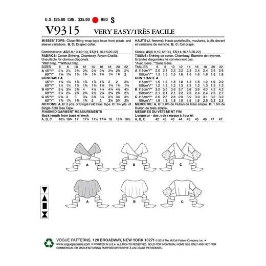 Vogue Patterns Misses' Top Sewing Pattern Vogue Patterns Misses' Top Sewing Pattern