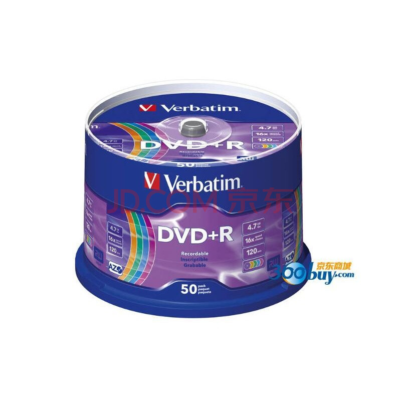 威宝（Verbatim）DVD+R 16速 4.7G 全球包装 五彩系列 AZO染料 桶装50P 刻录盘(62149)